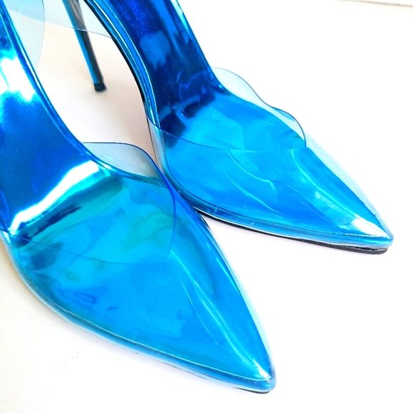 FEMME Los Angeles Transparent Blue PVC Ankle Strap Heels Pumps Sandal π - Picture 11 of 13